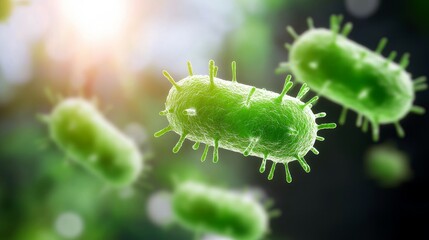 Fototapeta premium virus and antivirus concept. Microorganisms depicted in vibrant green against a blurred background, illustrating microbial life.