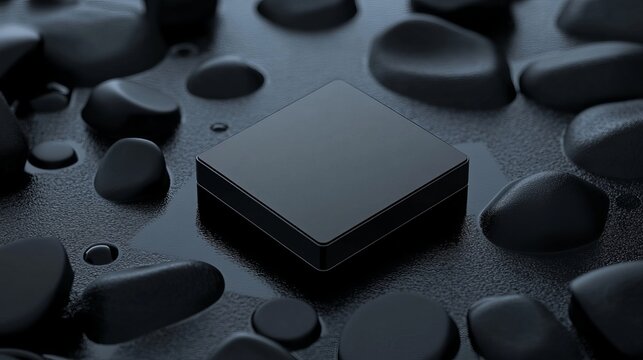 Black plastic chip mockup in a non-gravitational environment, representing a luxurious and exclusive product or concept. 