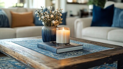 A clutter-free coffee table with a single book and a scented candle in the center