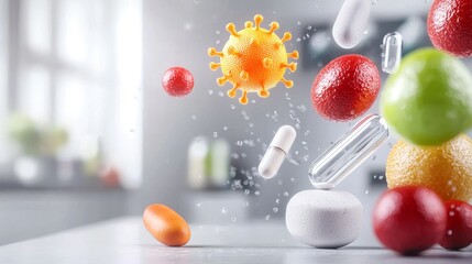 virus and antivirus concept. Colorful fruits, capsules, and a virus illustration, symbolizing health and wellness concepts.