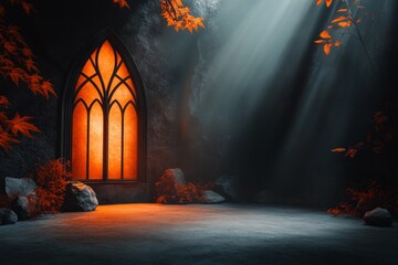 Fototapeta premium A gothic-style arched window with intricate black ironwork, set in a dimly lit stone wall with faint candlelight glowing through