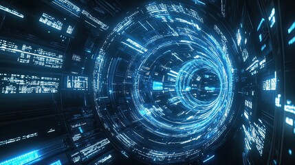 Futuristic data tunnel swirling, digital code background, tech concept