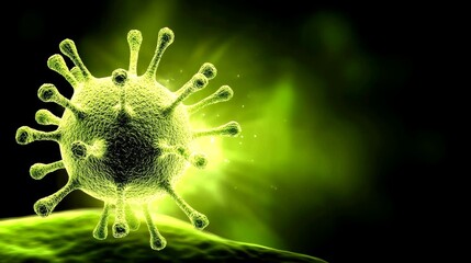 Obraz premium virus and antivirus concept. Microscopic view of a green virus with protruding spikes against a dark background.