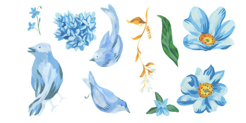 Clip art blue birds with leaves and flowers drawn with acrylic on white isolated background. Botanical illustration collection. Designs for greeting cards, stickers, social media, posters.