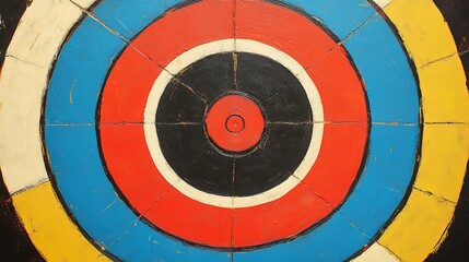 Bullseye target or dart board has red dart arrows in the center, surrounded by a series of concentric circles in alternating colors. The outer ring is divided into 20 equal sections