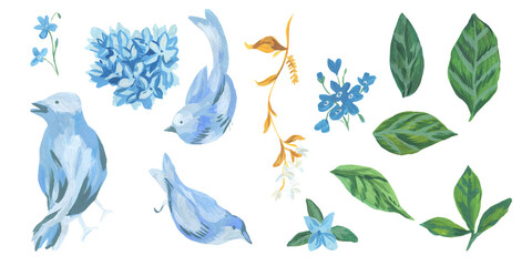 Clip art blue birds with leaves and flowers drawn with acrylic on white isolated background. Botanical illustration collection. Designs for greeting cards, stickers, social media, posters.