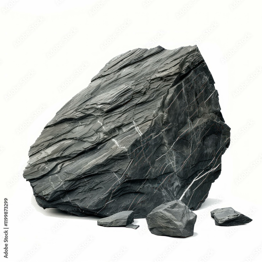 Poster large, dark gray rock with visible layers and smaller fragments, isolated on a white background, cre