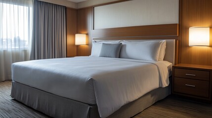 Obraz premium A neatly made bed with crisp white linens, a single gray throw pillow, and a minimalistic nightstand