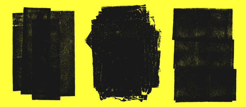 Linocut, relief printing, letterpress rectangle A4 shapes rough textures set, collection. Black linocutting textured backgrounds, text frames. Paint roller geometric stains, lino ink grungy remains	