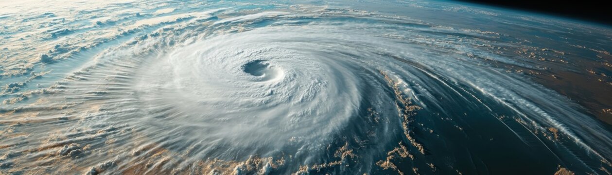 Aerial view of a powerful hurricane swirl over the ocean.