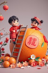 3D image with smooth gradient transitions. Two cute Chinese children in traditional clothing climb a giant mandarin orange with a red square sticker miniature oranges 