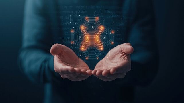 person holds glowing digital hexagon symbol in their hands, representing technology and innovation. background features abstract data patterns, enhancing futuristic feel