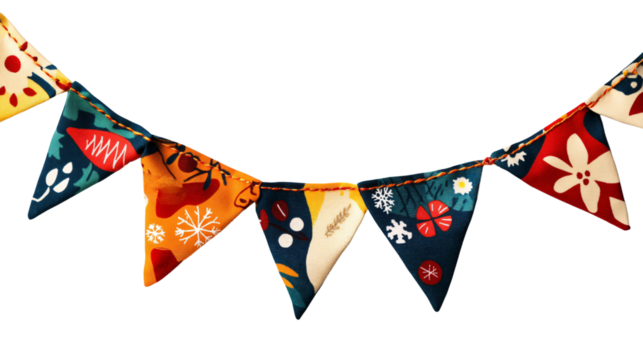 Bunting garland flag with festive Christmas patterns and colors isolated on transparent background