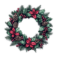 Fototapeta premium Elegant Christmas Wreath Decoration with Holly and Pine Cones