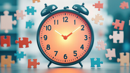 jigsaw puzzle clock face surrounded by colorful puzzle pieces creates whimsical atmosphere. clock hands point to specific time, adding intrigue to scene