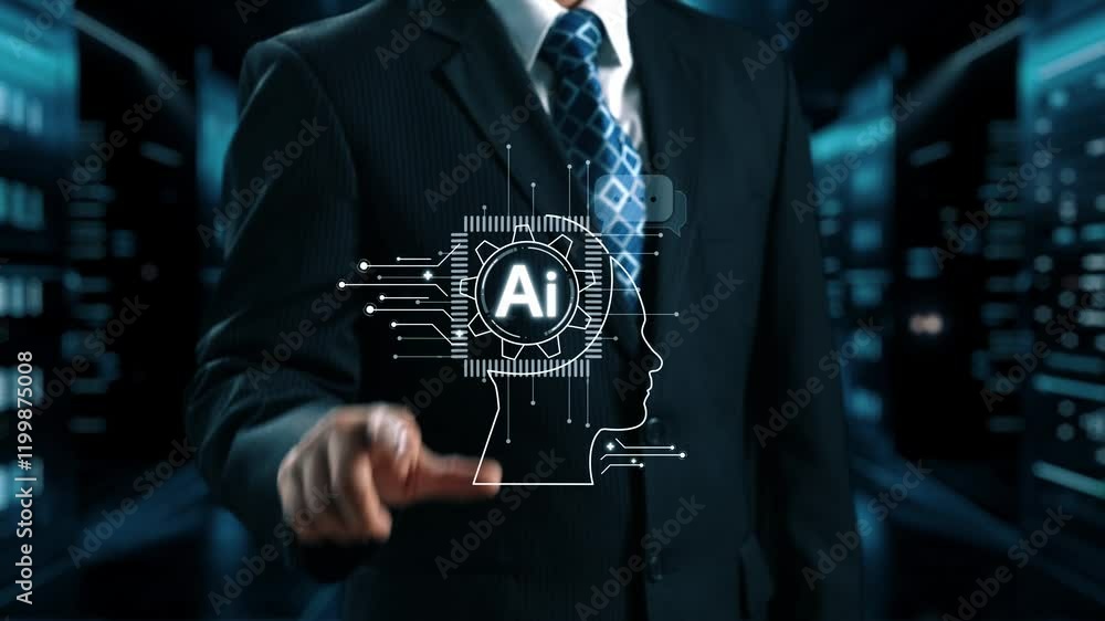 Poster human interact with ai artificial intelligence brain processor in concept of ai artificial intellige