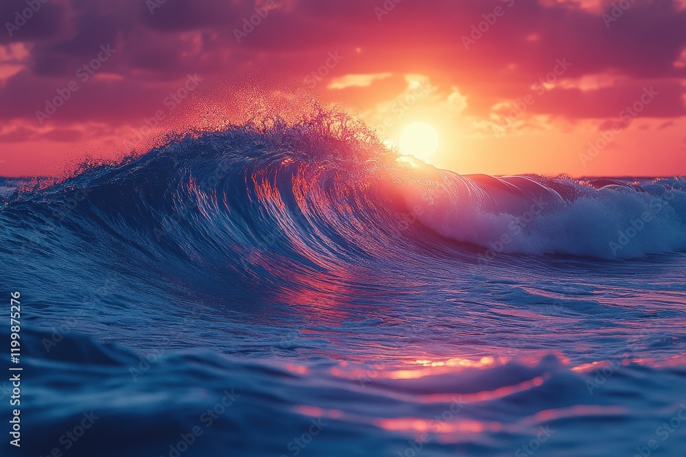 Poster sunset over ocean waves creates a mesmerizing display of colors and movement in the evening sky