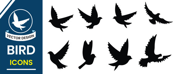 Bird silhouette vector set. Set of silhouettes of birds vector sign and symbol. Flying, sitting and swimming bird icon, vector set. Bird symbol for logo, app and web design. Vector illustration.