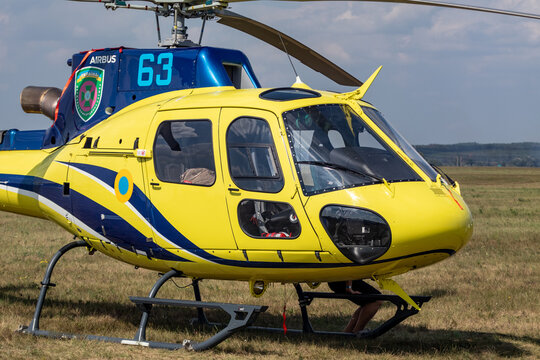 Kharkiv, Ukraine - August 29, 2021: Airbus Helicopter H125 (formerly Eurocopter AS350), light utility helicopter on KharkivAviaFest airshow grass airfield