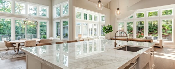 Bright modern kitchen with large windows and elegant design elements.