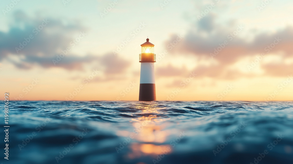 Poster serene lighthouse standing tall in ocean at sunset, illuminating waves with its warm light. sky is f