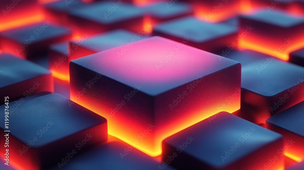 Poster a close-up view of glowing, textured cubes arranged in a grid pattern.