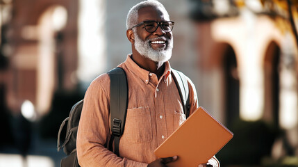 Fototapeta premium Elderly man enjoys a sunny day in the city, showcasing a joyful expression while holding a tablet