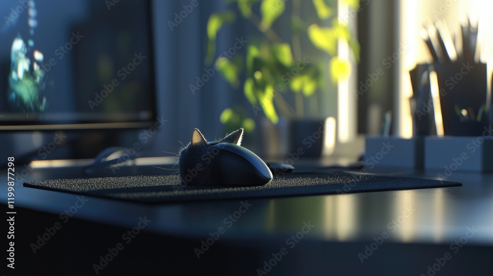 Poster cat resting on a desk beside a computer mouse