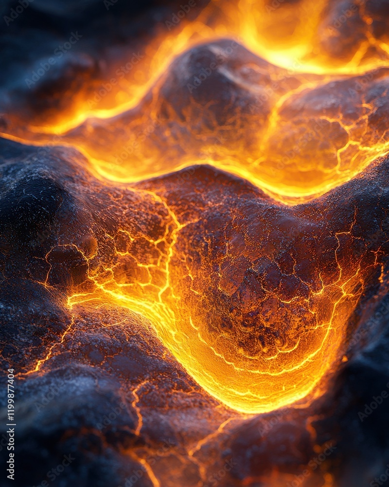 Poster lava flow eruption volcanic landscape high-resolution textures fiery environment close-up view dynam
