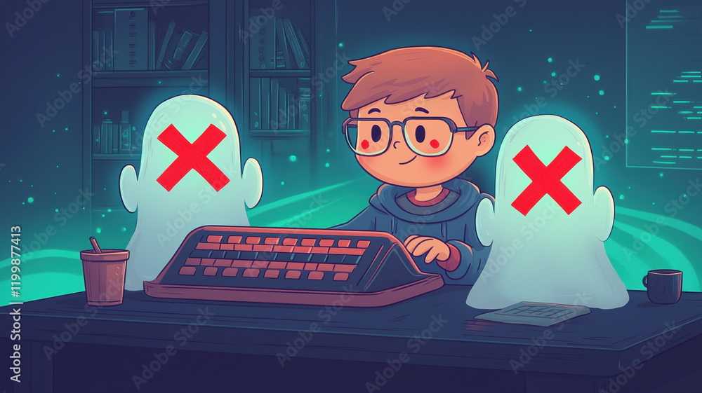 Poster young coder sits at desk, focused on keyboard, surrounded by ghostly figures with red crosses. scene