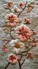 Floral embroidery art textile design high-resolution textures indoor setting close-up view elegant aesthetics