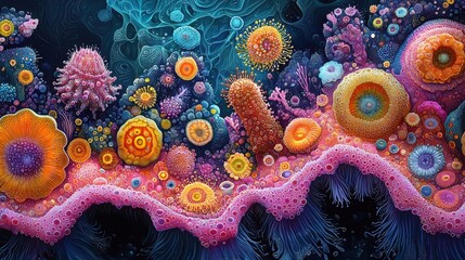 Obraz premium Vivid coral reef teeming with colorful bioluminescent flora and intricate textures. Ideal for immersive backgrounds, fantasy art, and nature-inspired designs.