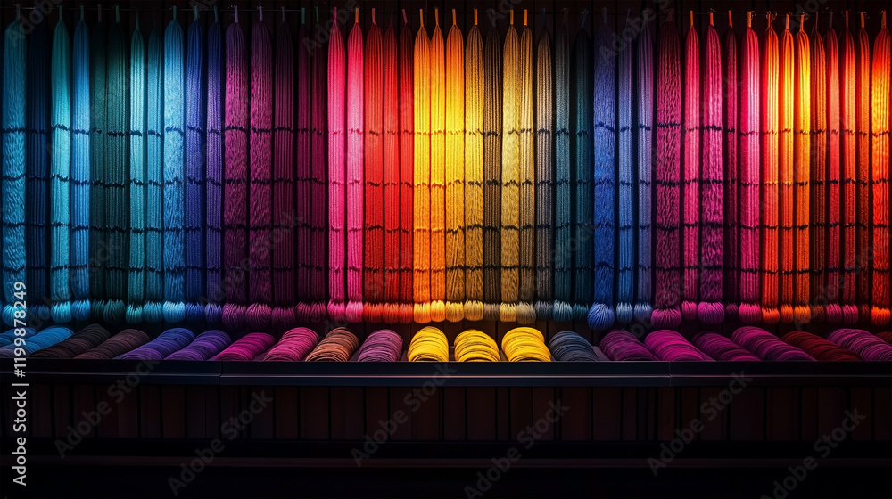 Poster a row of colorful fabric is displayed in a store