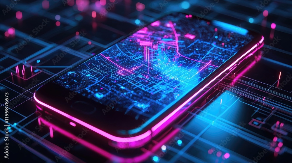 Aufkleber futuristic smartphone displaying digital data visualization