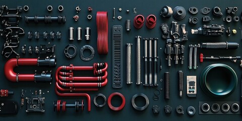 Fototapeta premium Precisely Arranged Mechanical Components: A Flatlay of Automotive Parts