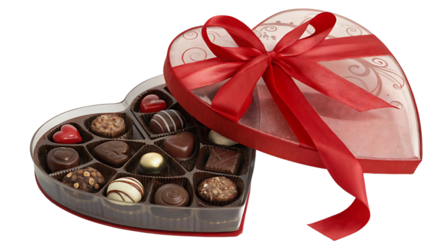 Heart-Shaped Box of Assorted Chocolates with Satin Red Ribbon for Valentine's Day in High-Resolution Transparent PNG - Powered by Adobe