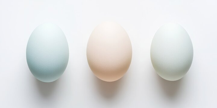 Three pastel colored eggs arranged in a row on a white background for easter concept
