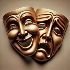 The classic theater masks split to display the joyous smile of c