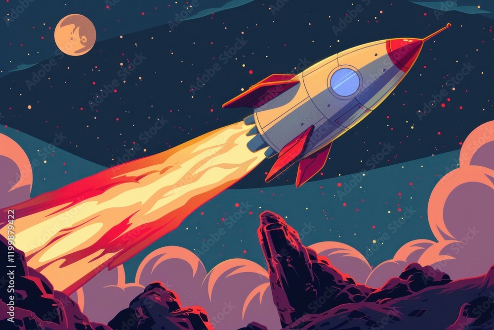 Aufkleber spaceship taking off from a red rocky planet with another planet visible in the background