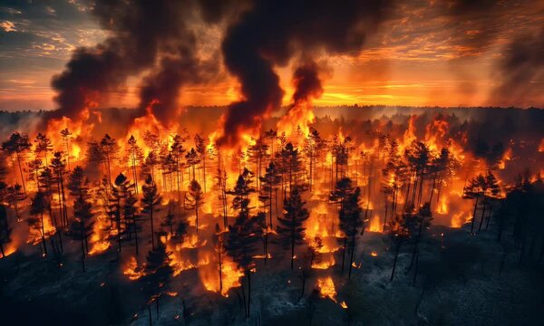 A dramatic aerial view of a forest engulfed in flames during a sunset, highlighting environmental destruction.