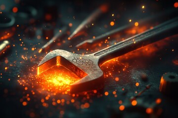 A magical wrench glowing with mystical runes engraved on its surface, surrounded by floating sparks and gears in an enchanted workshop