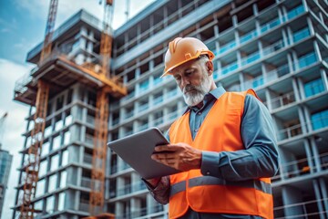 A construction worker, a chief foreman in a helmet and a protective vest with a tablet in his hands on a construction site, demonstrating the introduction of technology into construction.