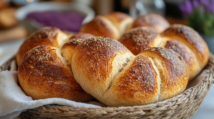 Freshly baked artisan bread in rustic basket