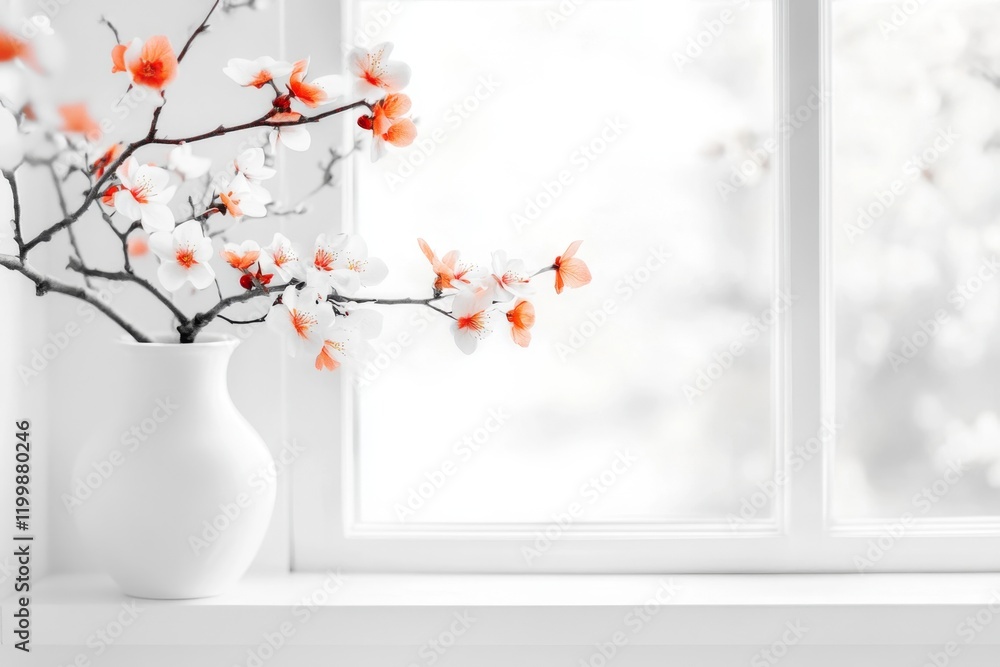 Poster A minimalist concept of a window with a single tree branch visible through it, drawn with clean lines and neutral tones