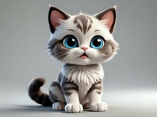 Adorable 3D rendered kitten, large eyes, fluffy fur, grey and white tabby, sitting, cute pet, cartoon style.