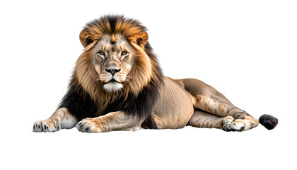 Obraz premium A realistic lion lying on the ground, transparent background PNG