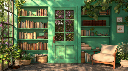 Off-Grid Living, A cozy green reading nook with shelves of books, a plush chair, and plants, inviting relaxation and creativity in a tranquil atmosphere.