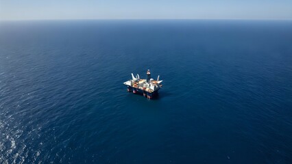 Aerial view of an offshore drilling rig on a vast, deep blue ocean.  A solitary vessel on a tranquil sea.