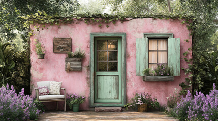 Off-Grid Living, A quaint pink cottage adorned with greenery, surrounded by blooming flowers, exuding a charming and tranquil ambiance.