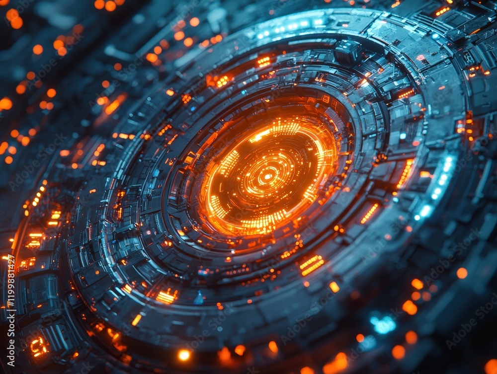 Poster intricate circular structure with glowing orange core. ideal for technology, sci-fi, or abstract bac